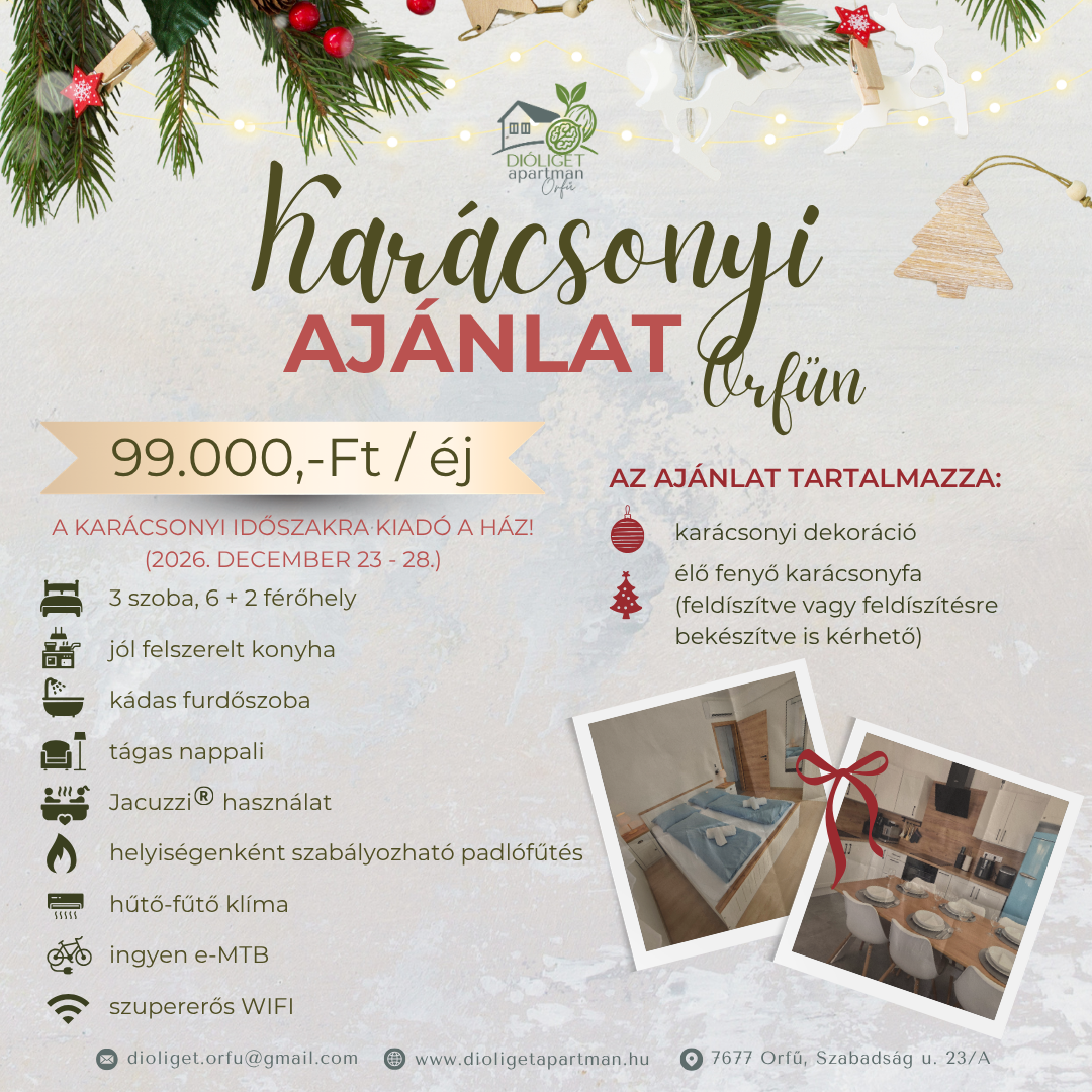 Karácsonyi ajánlat Orfűn: 99 000 Ft/éj a teljes házra, 3 szoba és 6+2 férőhely, 2026. december 23–28. között.