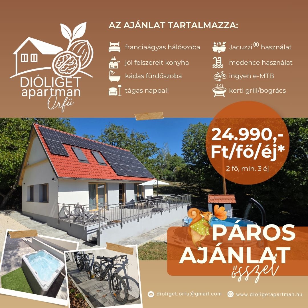 Dióliget Apartman páros őszi ajánlat: 24 990 Ft/fő/éj, két fő és minimum három éjszaka esetén.